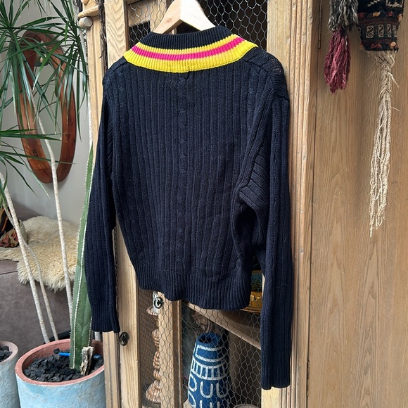 Vintage Limited Express Cable Knit Striped Trim Cropped V Neck Sweater - Picture 10 of 10